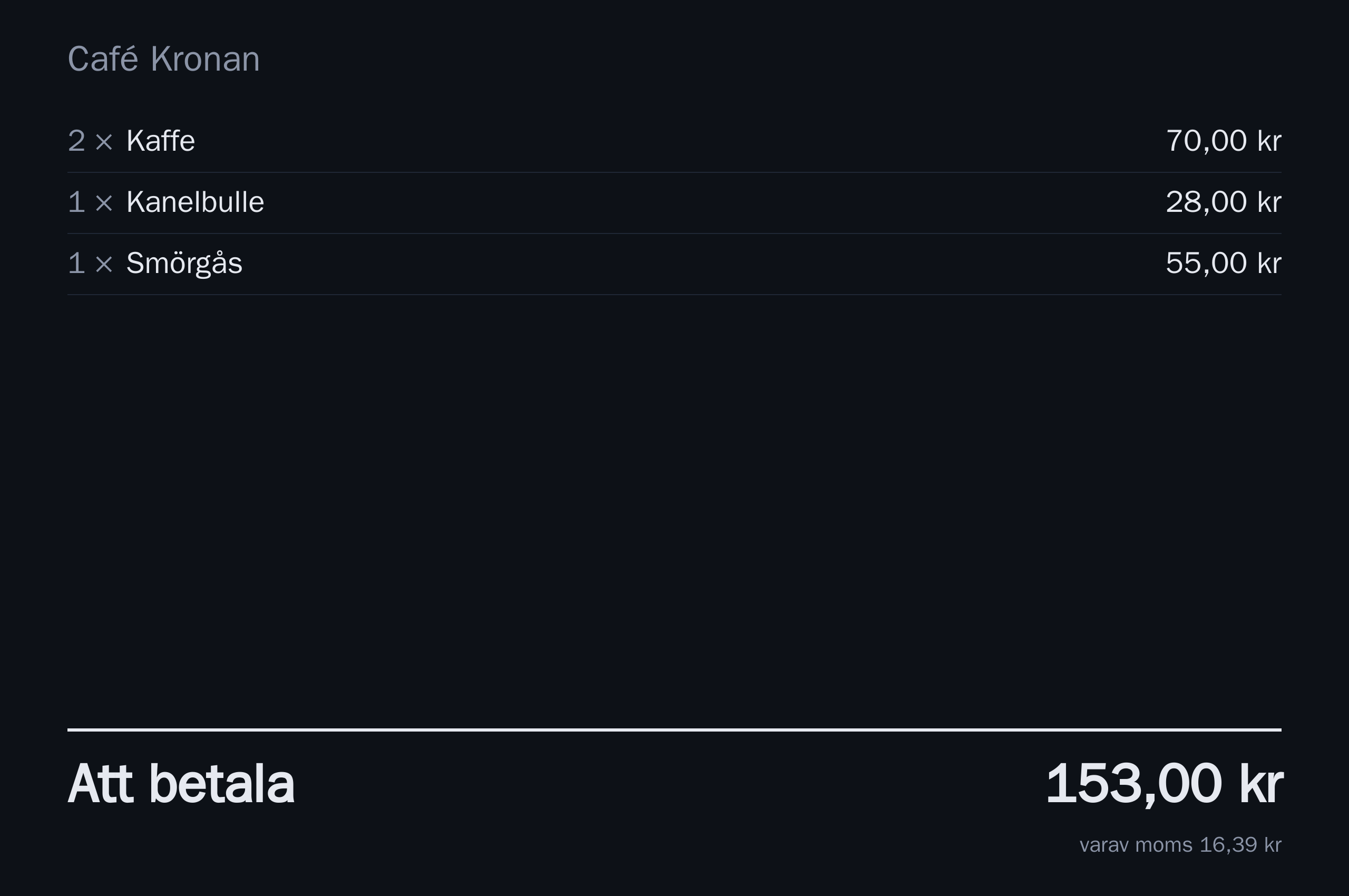 Kundskärmen som visar notan rad för rad